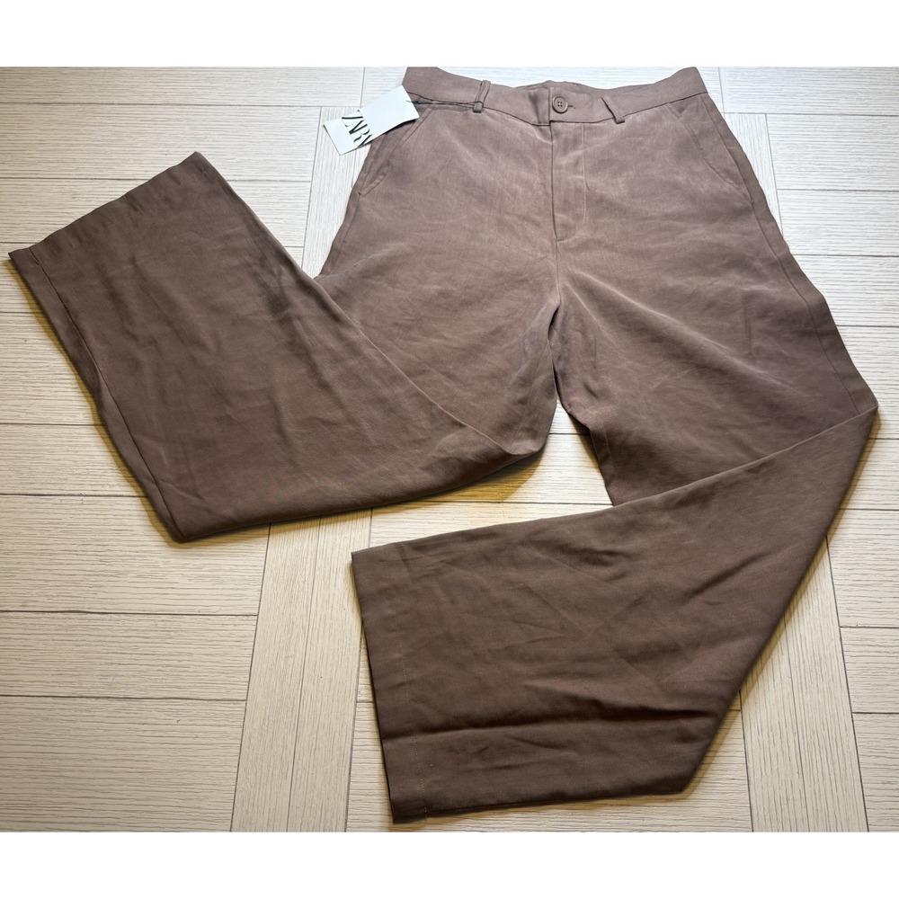 Zara Women's NWT Brown Flat Front Straight Leg Lined Pants Sz 30 X 31. Classic